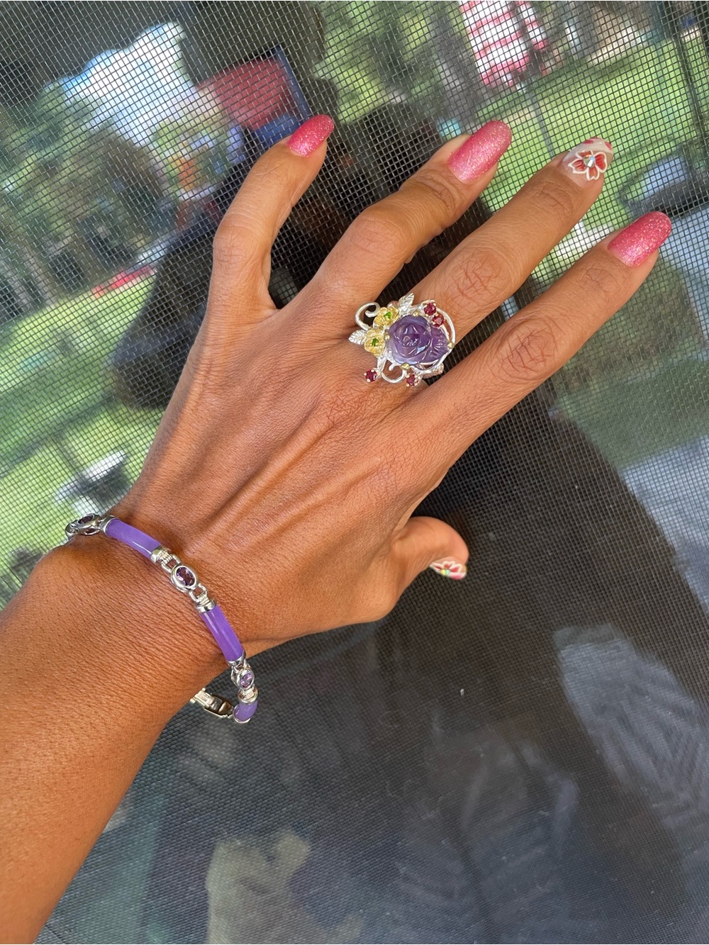 Purple jade Silver Ring and Purple jade Bracelet Set